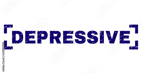 DEPRESSIVE label seal imprint with grunge style. Text title is placed inside corners. Blue vector rubber print of DEPRESSIVE with grunge texture.