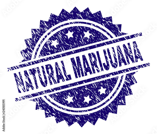 NATURAL MARIJUANA stamp seal watermark with distress style. Blue vector rubber print of NATURAL MARIJUANA caption with dirty texture.