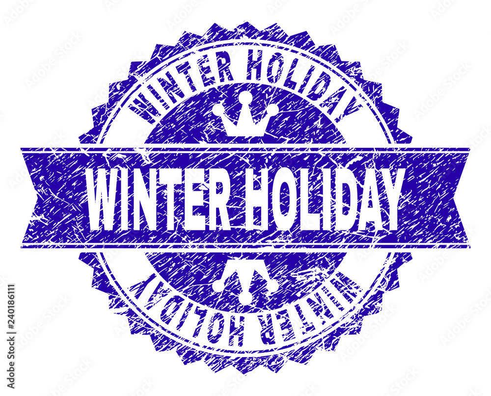 WINTER HOLIDAY rosette stamp overlay with grunge texture. Designed with round rosette, ribbon and small crowns. Blue vector rubber watermark of WINTER HOLIDAY caption with grunge texture. WINTER HOLIDAY rosette stamp overlay with grunge texture. Designed with round rosette, ribbon and small crowns. Blue vector rubber watermark of WINTER HOLIDAY caption with grunge texture.