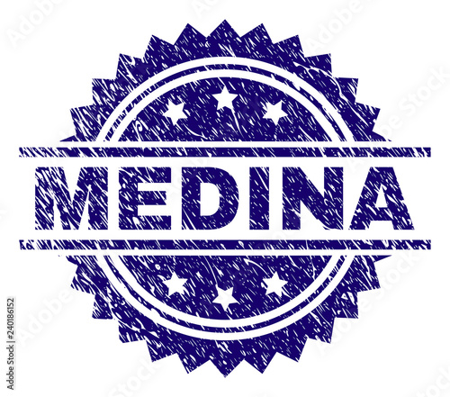 MEDINA stamp seal watermark with distress style. Blue vector rubber print of MEDINA text with unclean texture.