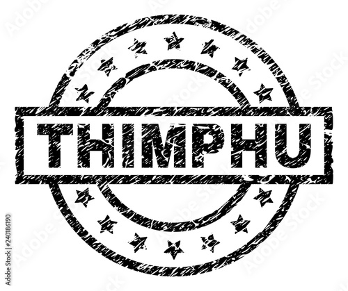 THIMPHU stamp seal watermark with distress style. Designed with rectangle, circles and stars. Black vector rubber print of THIMPHU text with unclean texture.