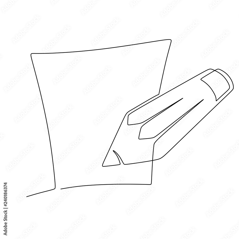 Notebook with a pencil drawn by one continuous line on a white background
