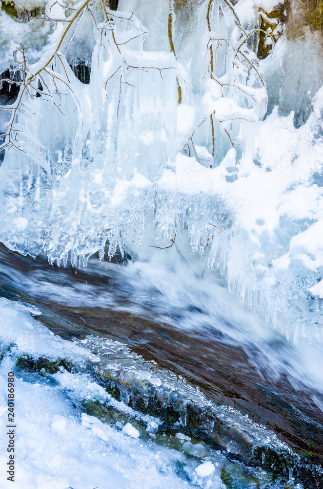 Beautiful mountain river in winter with icicles Beautiful mountain river in winter with icicles