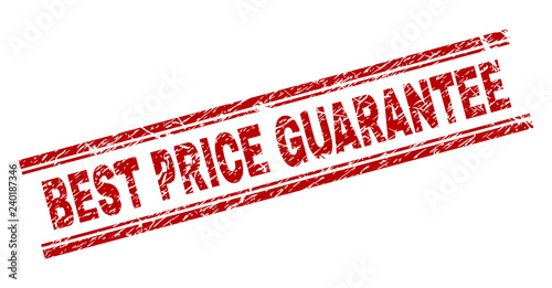 BEST PRICE GUARANTEE seal print with grunge texture. Red vector rubber print of BEST PRICE GUARANTEE caption with dust texture. Text tag is placed between double parallel lines.