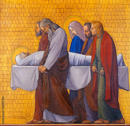 PRAGUE, CZECH REPUBLIC - OCTOBER 17, 2018: The painting of Burial of Jesus (cross way station) in the church kostel Svatého Cyrila Metodeje by  S. G. Rudl (1935). photo