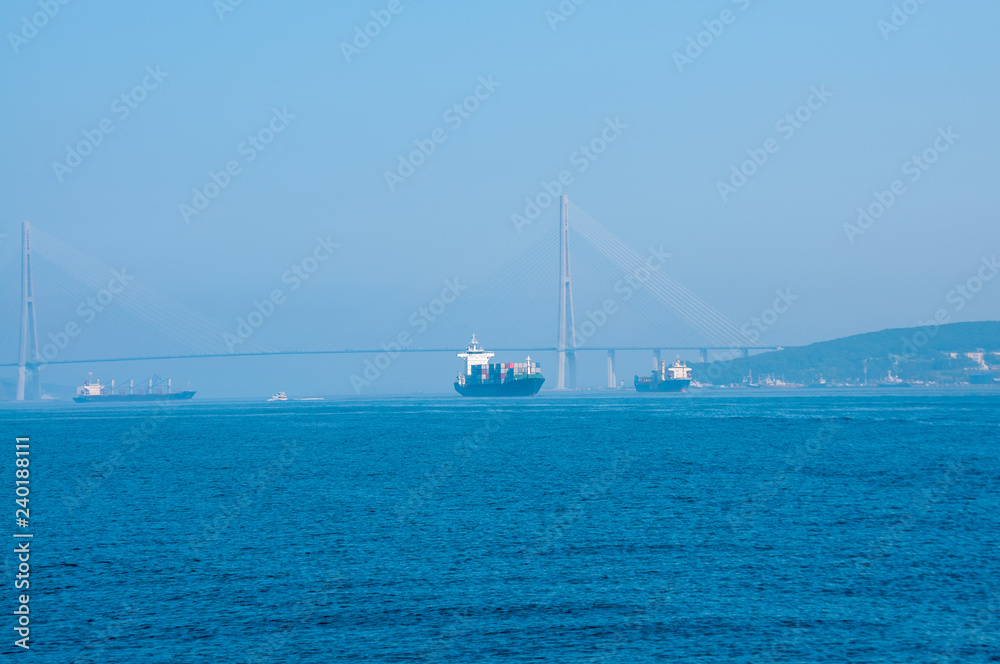 Russia, Vladivostok, July 2018: Ships in strait Bosphorus-East