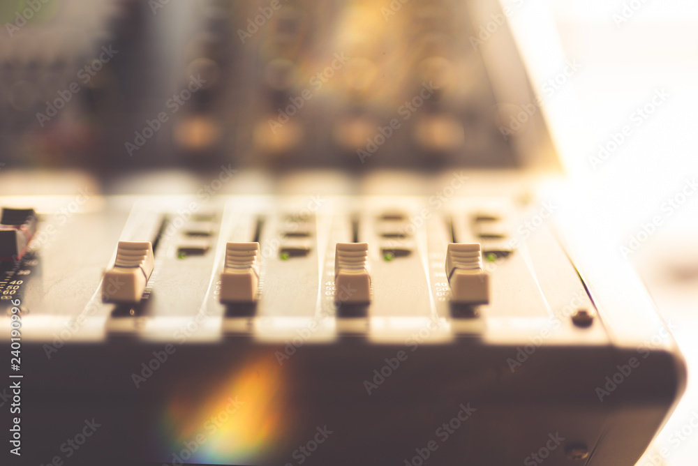 Professional audio mixing console with faders and adjusting knobs,TV equipment Black and White selective focus - Image Professional audio mixing console with faders and adjusting knobs,TV equipment Black and White selective focus - Image