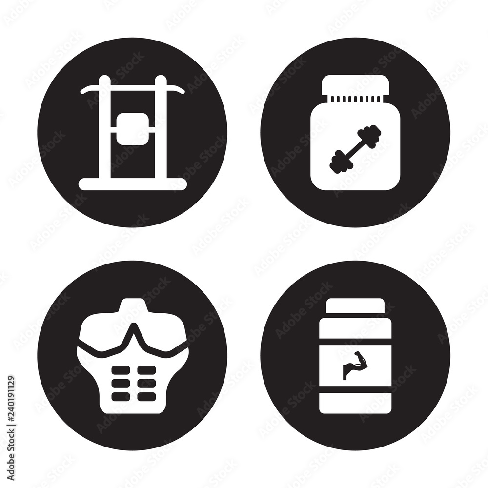 4 vector icon set : Protein shake, Press, Protein, Phytonutrients isolated on black background 4 vector icon set : Protein shake, Press, Protein, Phytonutrients isolated on black background