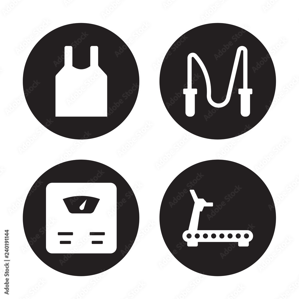 4 vector icon set : Sleeveless, Scale, Skipping Rope, Running Machine isolated on black background 4 vector icon set : Sleeveless, Scale, Skipping Rope, Running Machine isolated on black background