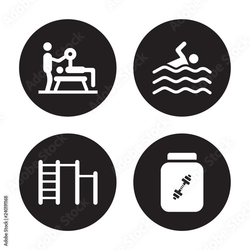 4 vector icon set : Trainer, Swedish Wall, Swim, Supplement isolated on black background