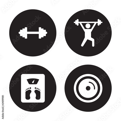 4 vector icon set : Weights, Weight scale, Weightlifting, plates isolated on black background