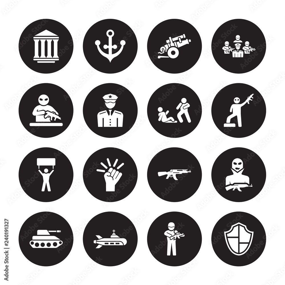 16 vector icon set : federal agency, Soldier, Submarine, Tank, Terrorist, Shield, guerrilla, Revolt, Assault isolated on black background 16 vector icon set : federal agency, Soldier, Submarine, Tank, Terrorist, Shield, guerrilla, Revolt, Assault isolated on black background