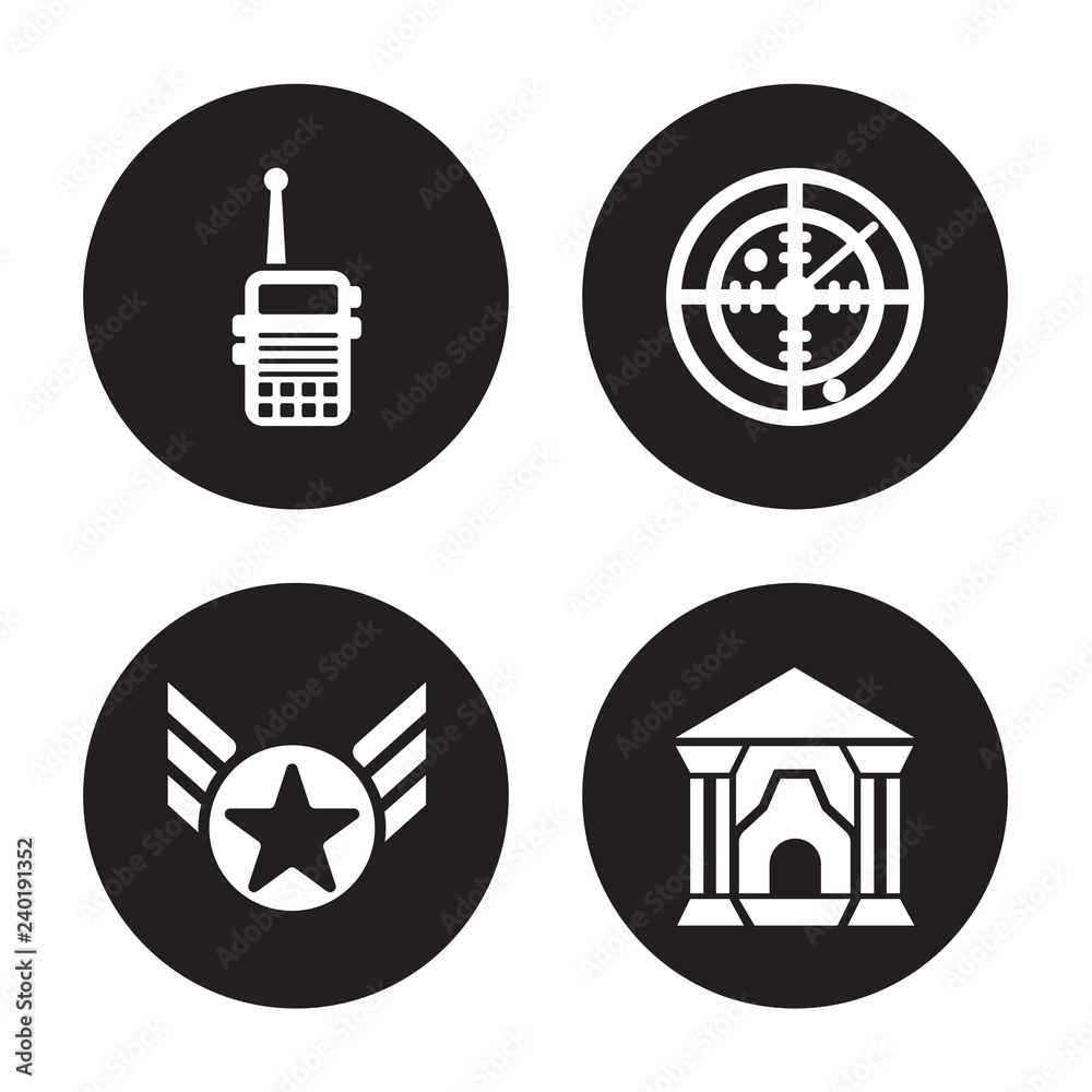 Obraz premium 4 vector icon set : Militar Radio, In, Radar, antique building isolated on black background
