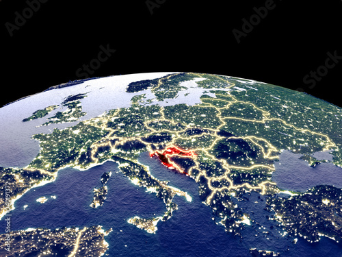 Croatia from space on planet Earth at night with bright city lights. Detailed plastic planet surface with real mountains.