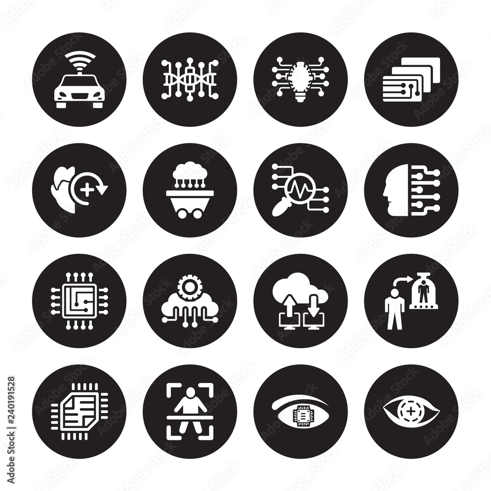 16 vector icon set : Driverless autonomous car, Bionic eye, Body scan, Chip, Cloning, contact lens, Deformity, Cpu, Data analysis isolated on black background 16 vector icon set : Driverless autonomous car, Bionic eye, Body scan, Chip, Cloning, contact lens, Deformity, Cpu, Data analysis isolated on black background