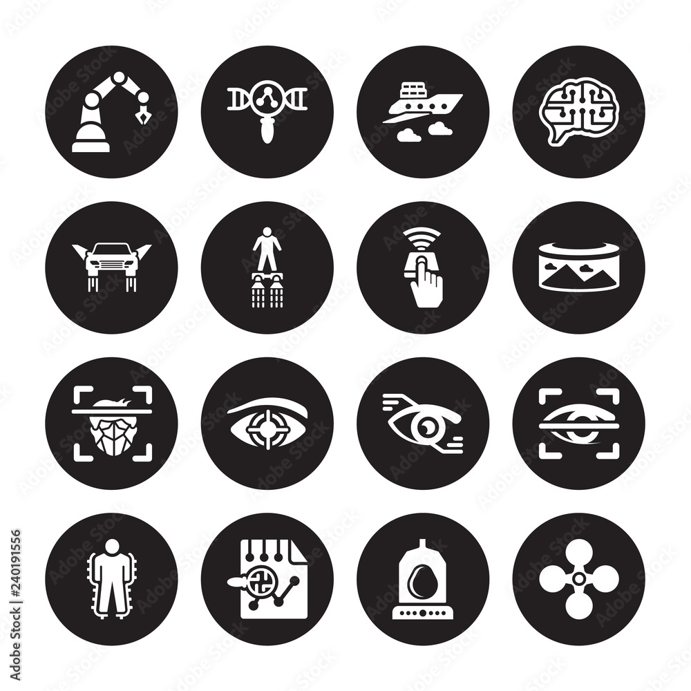 16 vector icon set : Industrial robot, Egg incubator, Evaluation, Exoskeleton, Eye scan, Drone, Flying car, Face recognition, Finger control isolated on black background 16 vector icon set : Industrial robot, Egg incubator, Evaluation, Exoskeleton, Eye scan, Drone, Flying car, Face recognition, Finger control isolated on black background
