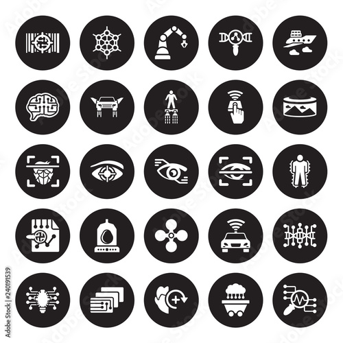 25 vector icon set : High capacity color barcode, Data Mining, Deformity, Depth perception, Difference engine, Field of view, Eye scan, Drone, Evaluation, future Brain isolated on black background.