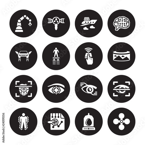 16 vector icon set : Industrial robot, Egg incubator, Evaluation, Exoskeleton, Eye scan, Drone, Flying car, Face recognition, Finger control isolated on black background