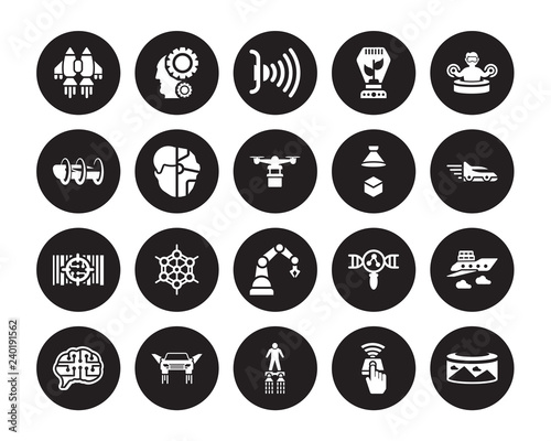 20 vector icon set : Jetpack, Finger control, Flyboard, Flying car, future Brain, Immersive, Hologram, Industrial robot, High capacity color barcode, Humanoid isolated on black background