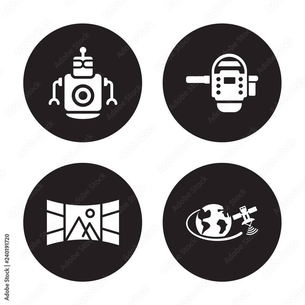 4 vector icon set : Personal droid, Panoramic view, assistant, Outer space isolated on black background 4 vector icon set : Personal droid, Panoramic view, assistant, Outer space isolated on black background