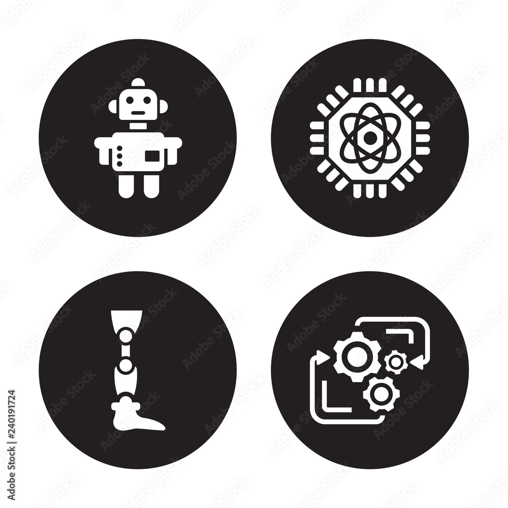 4 vector icon set : Robot, Prosthesis, Quantum computing, Processing isolated on black background