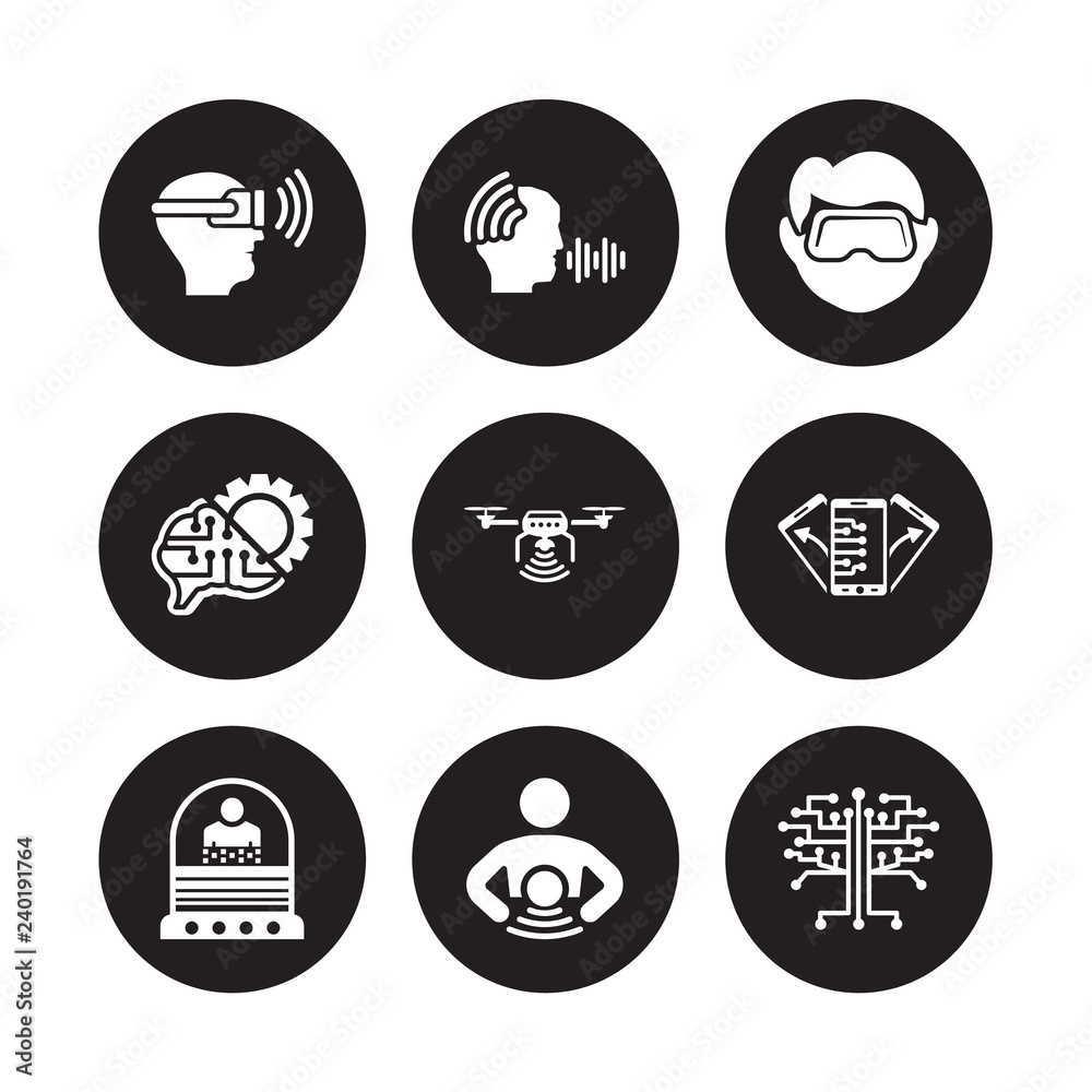 9 vector icon set : Vr glasses, Voice recognition, Teleportation, Tilt, Unmanned aerial vehicle, Virtual reality, Unsupervised learning, Telekinesis isolated on black background