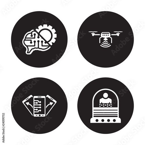 4 vector icon set : Unsupervised learning, Tilt, Unmanned aerial vehicle, Teleportation isolated on black background