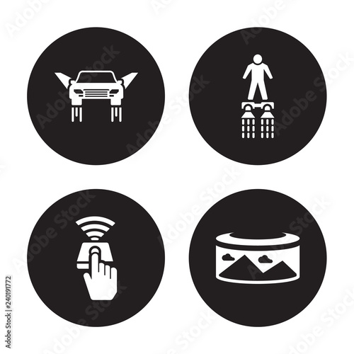 4 vector icon set : Flying car, Finger control, Flyboard, Field of view isolated on black background