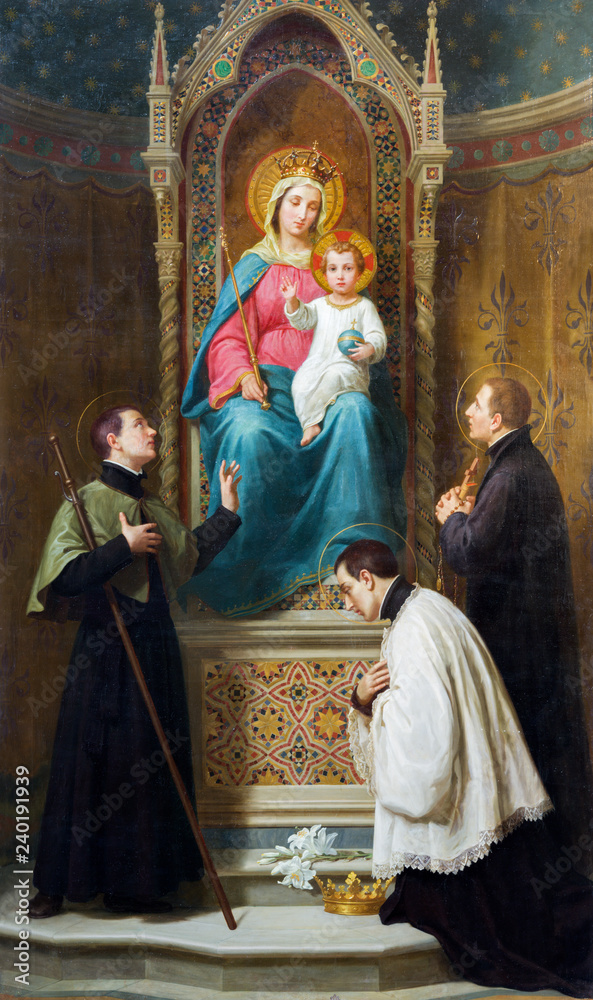 MODENA, ITALY - APRIL 14, 2018: The painting of Madonna with the child among the jesuit saints in church Chiesa di San Bartolomeo from 19. cent.