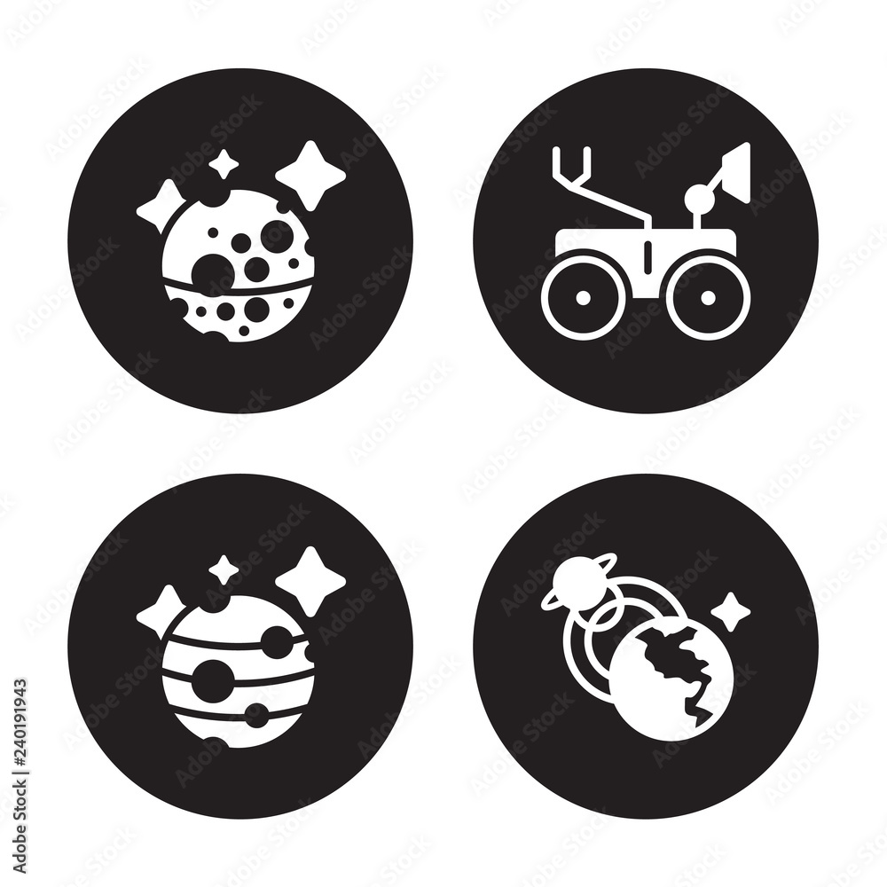 4 vector icon set : Mercury, Mars, Mars rover, Magnetic field isolated on black background