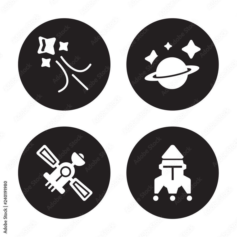 4 vector icon set : Shooting star, Satellite, Saturn, Rocket ship isolated on black background 4 vector icon set : Shooting star, Satellite, Saturn, Rocket ship isolated on black background