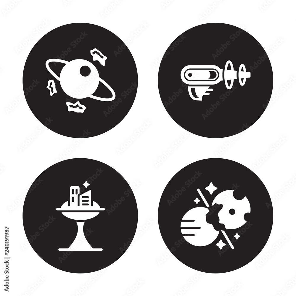 4 vector icon set : Space junk, colony, gun, Collision isolated on black background