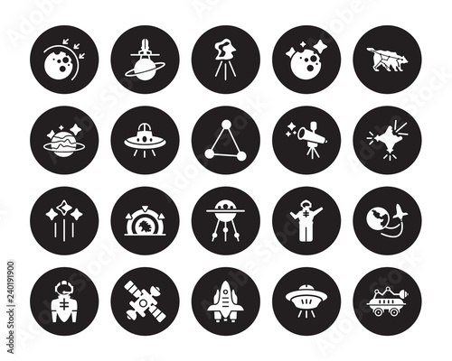 20 vector icon set : aerosphere, Space ship, shuttle, station, suit, Ursa major, Telescope, Sputnik, Stars, UFO, aerolite isolated on black background