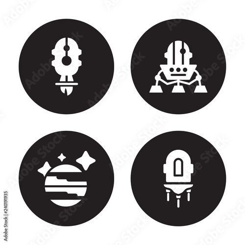 4 vector icon set : Liftoff, Jupiter, Lander, Jet pack isolated on black background