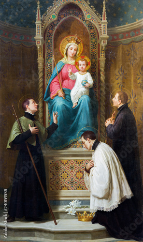 MODENA, ITALY - APRIL 14, 2018: The painting of Madonna with the child among the jesuit saints in church Chiesa di San Bartolomeo from 19. cent.