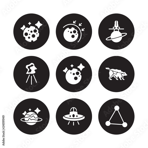 9 vector icon set : Moon, aerosphere, Uranus, Ursa major, Venus, aerospace, aerolite, UFO isolated on black background