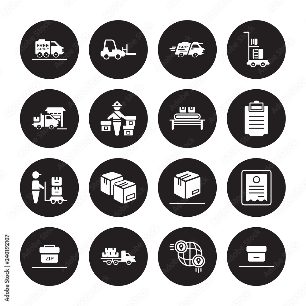 16 vector icon set : Free delivery, Global distribution, Freight, Zip code, Bill, Delivery box, Delivery, Cargo, Conveyor isolated on black background 16 vector icon set : Free delivery, Global distribution, Freight, Zip code, Bill, Delivery box, Delivery, Cargo, Conveyor isolated on black background