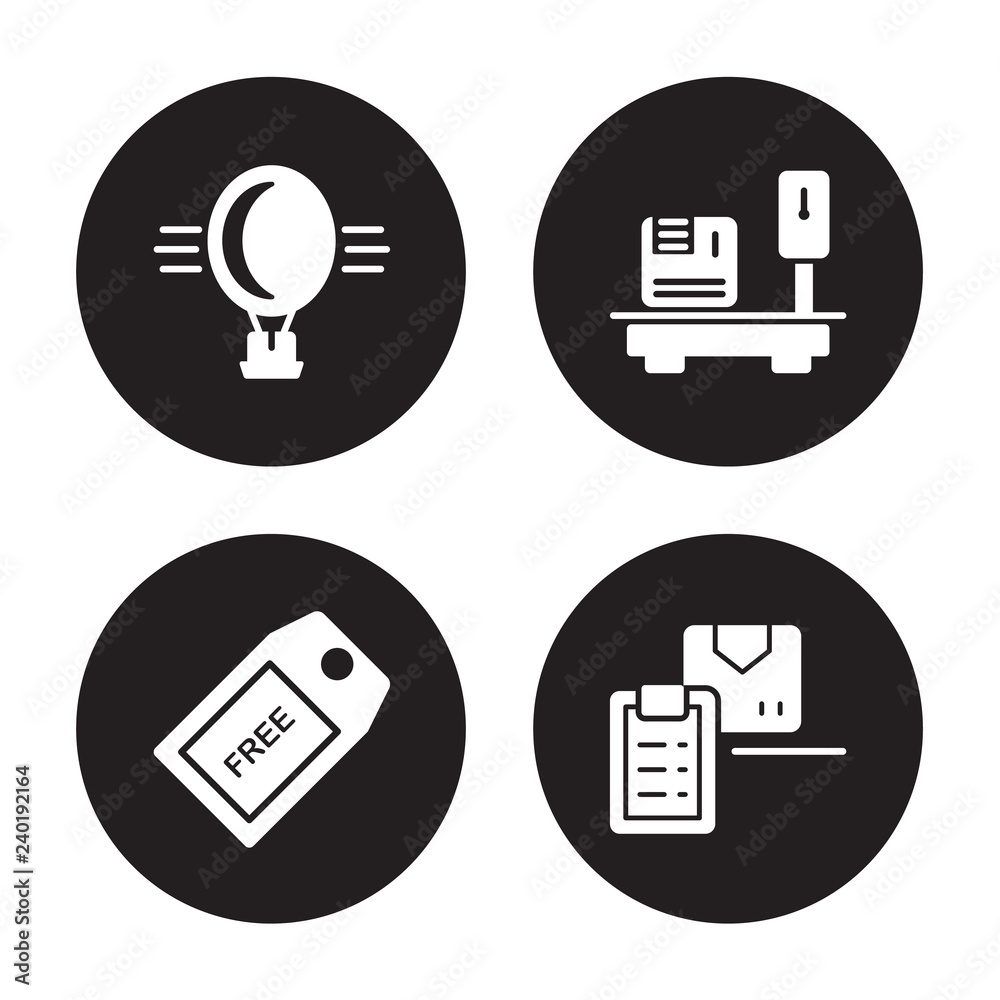 4 vector icon set : Delivery Hot air balloon, Tag, Weighing, List isolated on black background 4 vector icon set : Delivery Hot air balloon, Tag, Weighing, List isolated on black background