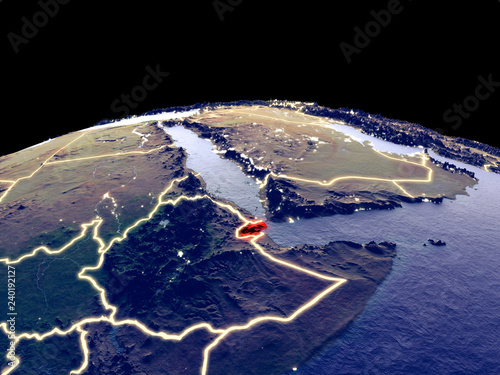 Djibouti from space on planet Earth at night with bright city lights. Detailed plastic planet surface with real mountains.