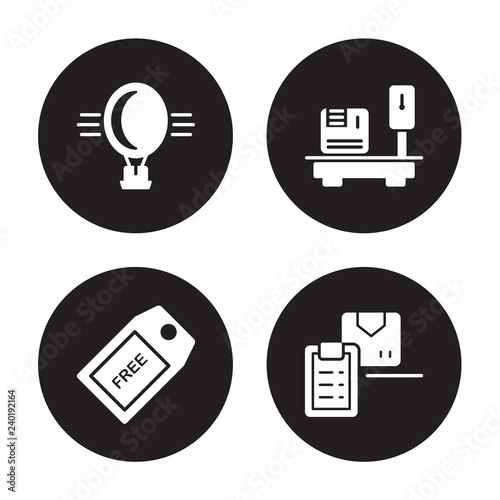 4 vector icon set : Delivery Hot air balloon, Tag, Weighing, List isolated on black background