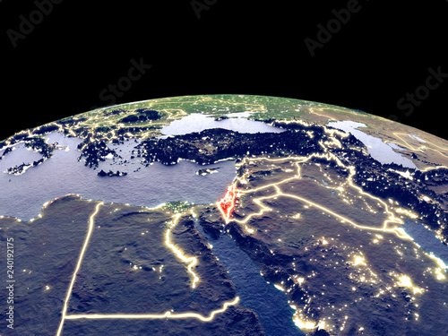 Israel from space on planet Earth at night with bright city lights. Detailed plastic planet surface with real mountains.