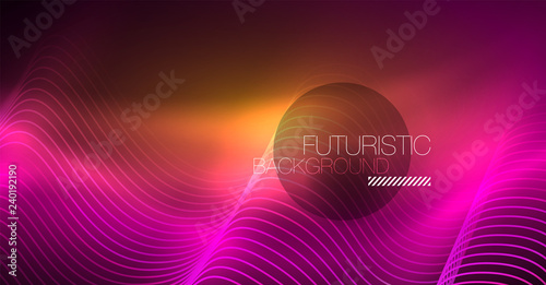 Abstract shiny glowinng color wave design element on dark background - science or technology concept