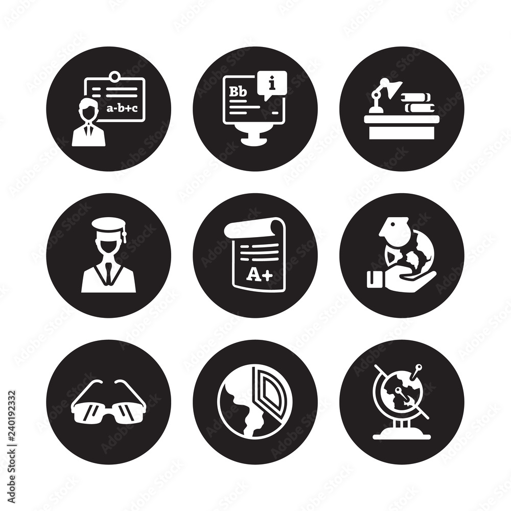 9 vector icon set : Instructor, Information, Glasses, Global learning, Grades, Homework, Graduation, Geology isolated on black background 9 vector icon set : Instructor, Information, Glasses, Global learning, Grades, Homework, Graduation, Geology isolated on black background