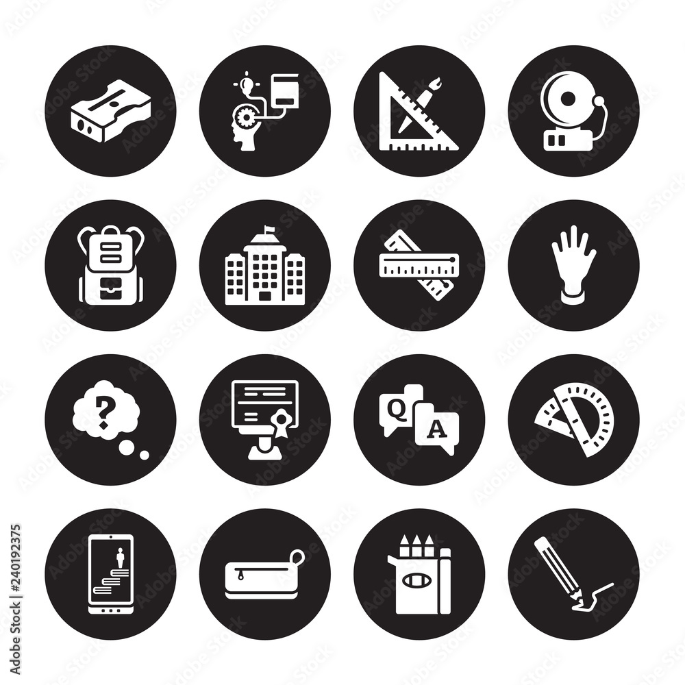 16 vector icon set : Sharpener, Pencil box, case, Progress, Protractor, Pencil, School bag, Question, Ruler isolated on black background 16 vector icon set : Sharpener, Pencil box, case, Progress, Protractor, Pencil, School bag, Question, Ruler isolated on black background