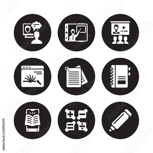 9 vector icon set   Online course  online coaching  mobile learning  Notebook  Notes  class  Online  Maths isolated on black background