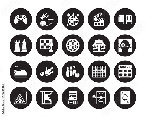 20 vector icon set : Controller, Air hockey, Arcade, Arcade game, Billiards, Cinema seat, Carousel, Bowling, Bumper car, Chess, Club isolated on black background