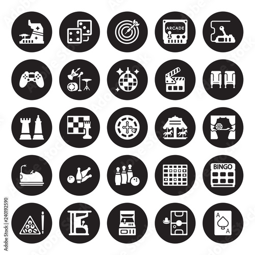 25 vector icon set : Dices, Air hockey, Arcade, Arcade game, Billiards, Cinema seat, Carousel, Bowling, Bumper car, Controller, Dart, Dice isolated on black background.