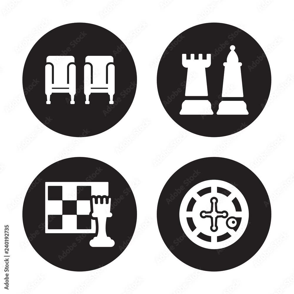 4 vector icon set : Cinema seat, Chess, Chess piece, Casino isolated on black background 4 vector icon set : Cinema seat, Chess, Chess piece, Casino isolated on black background