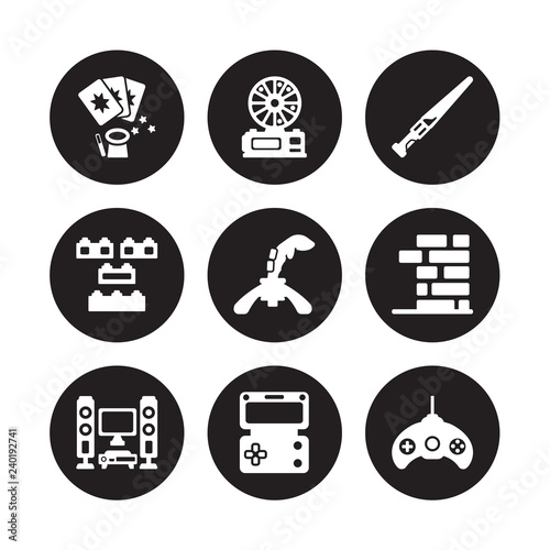 9 vector icon set : Magic cards, Lottery game, Home theater, Jenga, Joystick, Lightsaber, blocks, Handheld game isolated on black background