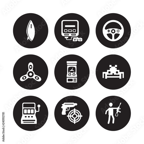 9 vector icon set : Surfboard, Super nintendo, Slot machine, Space invaders, Speedometer, Steering wheel, Spinner, Shooting game isolated on black background
